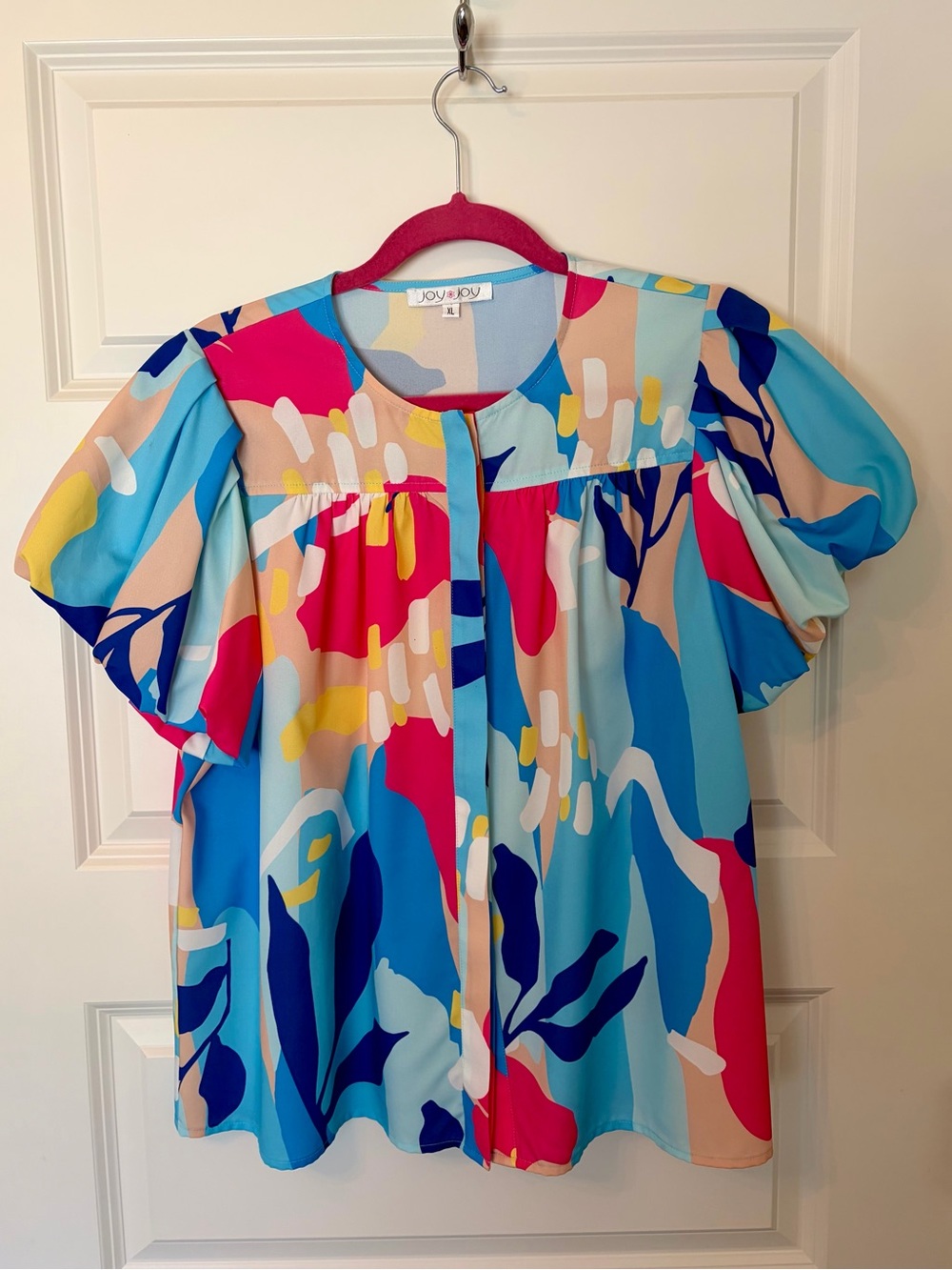 Joy Joy Aqua & Fuchsia Abstract Floral Puff Sleeve Top